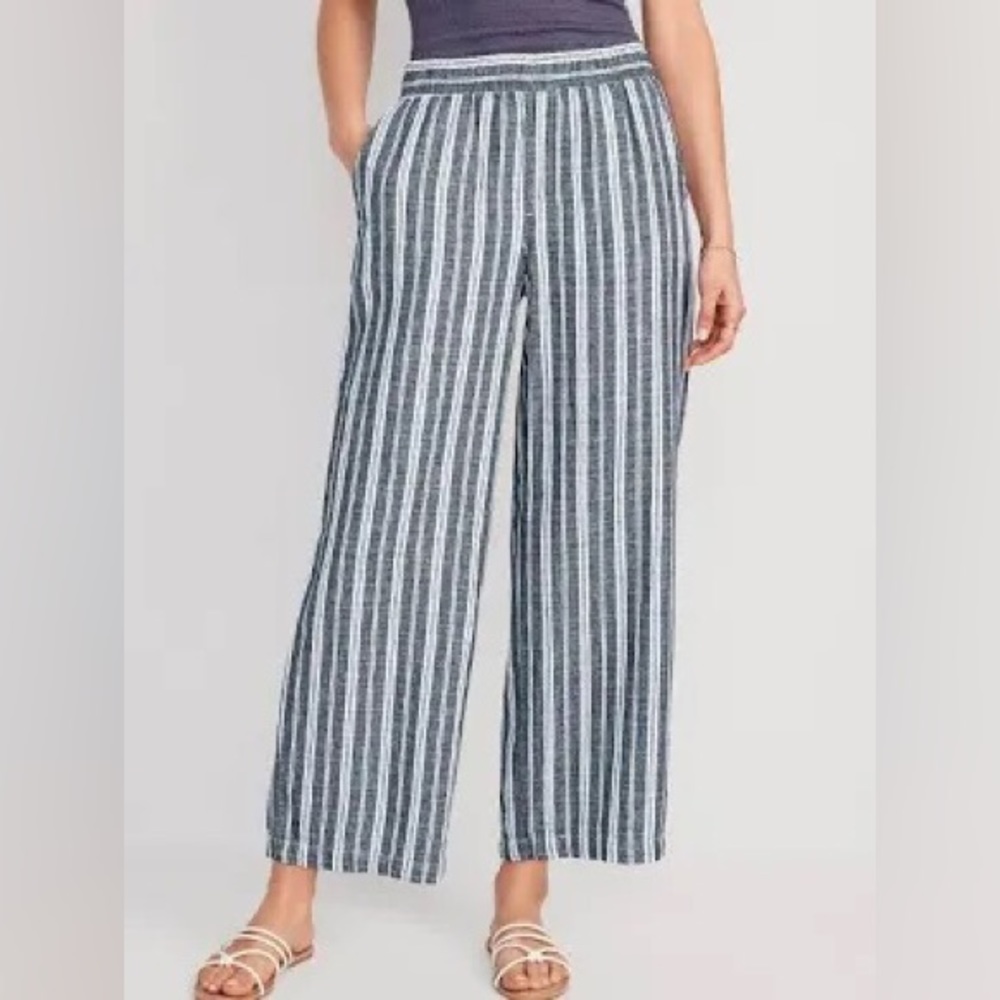 Old Navy Linen Blend Pants Women Large Blue White Wide Leg High Waist Boxy Loose